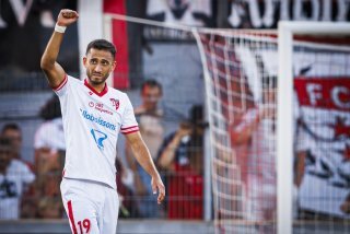 Dejan Djokic (SIO) celebre son but lors de la rencontre du championnat de football de Super League entre le FC Sion et le FC Winterthur ce samedi, 10 aout 2024 au stade de Tourbillon a Sion. (KEYSTONE/Valentin Flauraud)